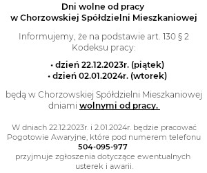 Dni wolne od pracy  w Chorzowskiej Spółdzielni Mieszkaniowej