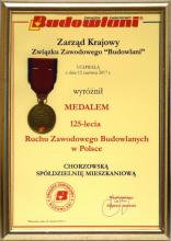 medal 125-lecia Ruchu Zawodowego Budowlanych